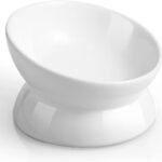 Elevated Cat Food Bowl, 5 Oz Ceramic Raised and Tilted Water Bowl, Anti Vomiting and Protect Pets' Spines Dishes for Small Dog, Fat Faced Cat, Kitten (White, 1 Pack)