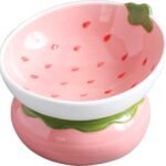 Ceramic Raised Cat Bowl - Pink Elevated Food Bowl for Indoor Cats, Anti-Vomiting & Spine Protection, Cute Tilted Dish for Flat-Faced Cats and Kittens (Strawberry Shaped)