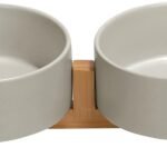 Ceramic Dog and Cat Bowl with Wood Stand Non-Slip Matte Glaze Weighted Food Water Set for Cats &Small Dogs 13.5OZ