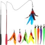 Cat Toys for Indoor Cats, Interactive Cat Toy 2PCS Retractable Wand Toy and 9PCS Cat Feather Toys Refills, Funny Kitten Toys Cat Fishing Pole Toy for Bored Indoor Cats Chase and Exercise