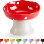 Ceramic Elevated Mushroom Cat Bowls, Tilted Raised Pet Dish Anti Vomit Kitten Bowl for Indoor Cats, Whisker Friendly Pet Food and Water Bowl for Kitten, Cat, Puppies, Dishwasher Safe (Red)