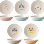 Ceramic Cat Bowls Set - 5.7 inch Wide Cat Food Bowls Whisker Fatigue Friendly, 5 Colorful Kitten Dish Plates with Cute Pattern for Wet and Dry Food Water