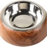 Selly’s Den Wood Belly Pet Bowl - Low Profile Elevated Base with Stainless Steel Insert, Real Wood Base with Stainless Steel Insert Non Slip and Spill Resistant Base (6 oz, 0.75 Cup)