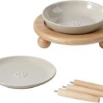 Raised Ceramic Wide Whisker Friendly Cat Dishes, Food&Water Bowl with 2 Style Stand Adjustable Pet Bowl Set(1Dish+1Shallow Dish+Stand