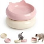 Cat Bowls, Ceramic Cat Bowls Food and Water Bowl Set, Whisker Friendly Cute Kitten Food Bowls for Protecting Pet's Spine, Perfect for Dry & Wet Food, Pink & Beige