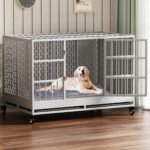 48/42/38 Inch Heavy Duty Dog Crate with Wheels, Folding Metal Big Dog Cage for Large and Medium Dogs, Extra Large XL XXL Indestructible Dog Crate with Removable Tray.