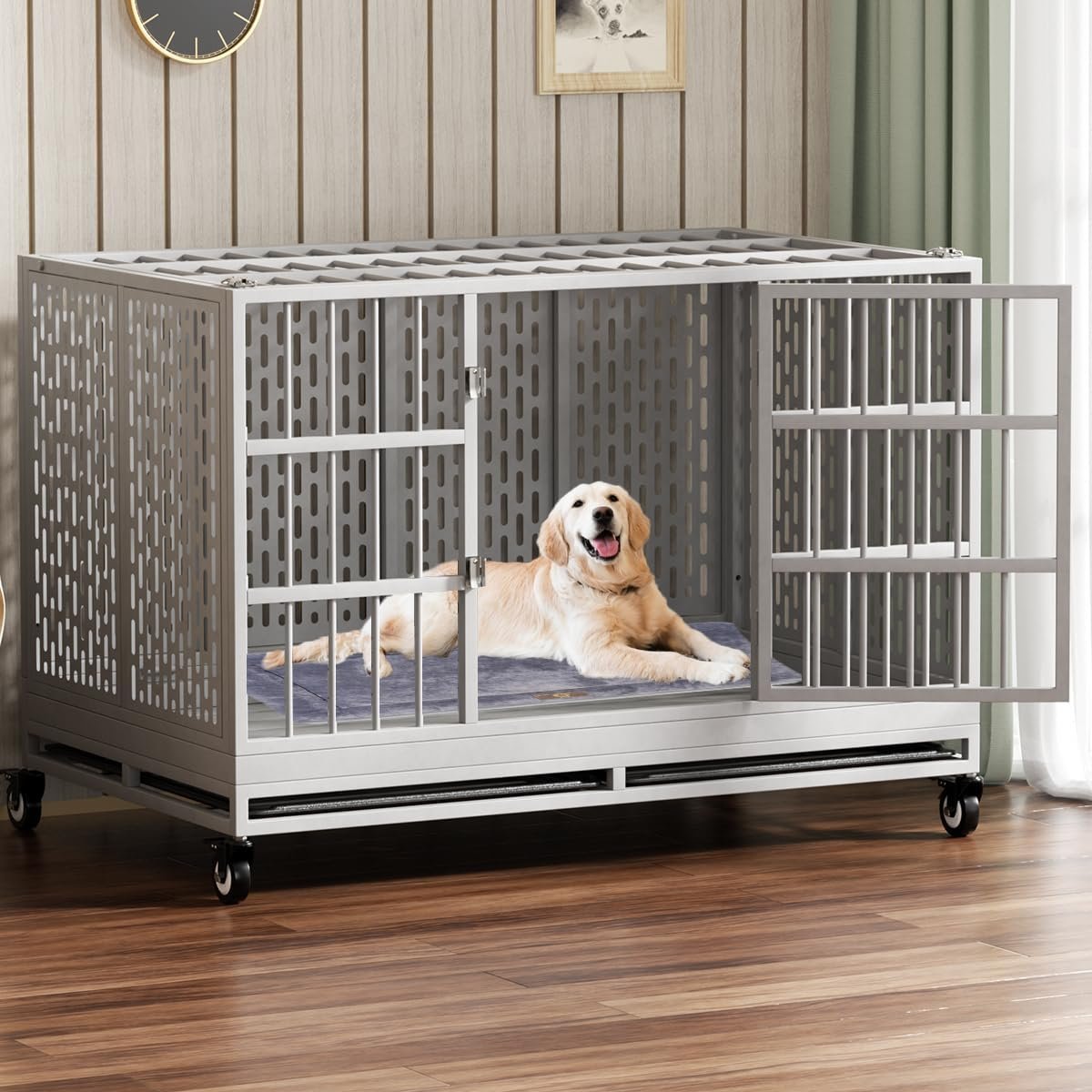 71-8dlEFL0L._AC_SL1200_.jpg 48/42/38 Inch Heavy Duty Dog Crate with Wheels, Folding Metal Big Dog Cage for Large and Medium Dogs, Extra Large XL XXL Indestructible Dog Crate with Removable Tray. - Image 1