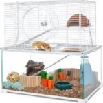 3 Tiers Large Hamster Cages Glass, Heightened Wire Topper with Two Shelf and Two Ladders Ramps, Openable Top, Easy to Clean Removeable Waterproof PVC Tray Medium