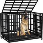 48 Inch Heavy Duty Dog Crate Kennel with Wheels, High Anxiety Indestructible Dog Crates for Large Dogs, XL XXL Extra Large Dog Crate with Removable Plastic Tray, Two Locks (Black, Square)