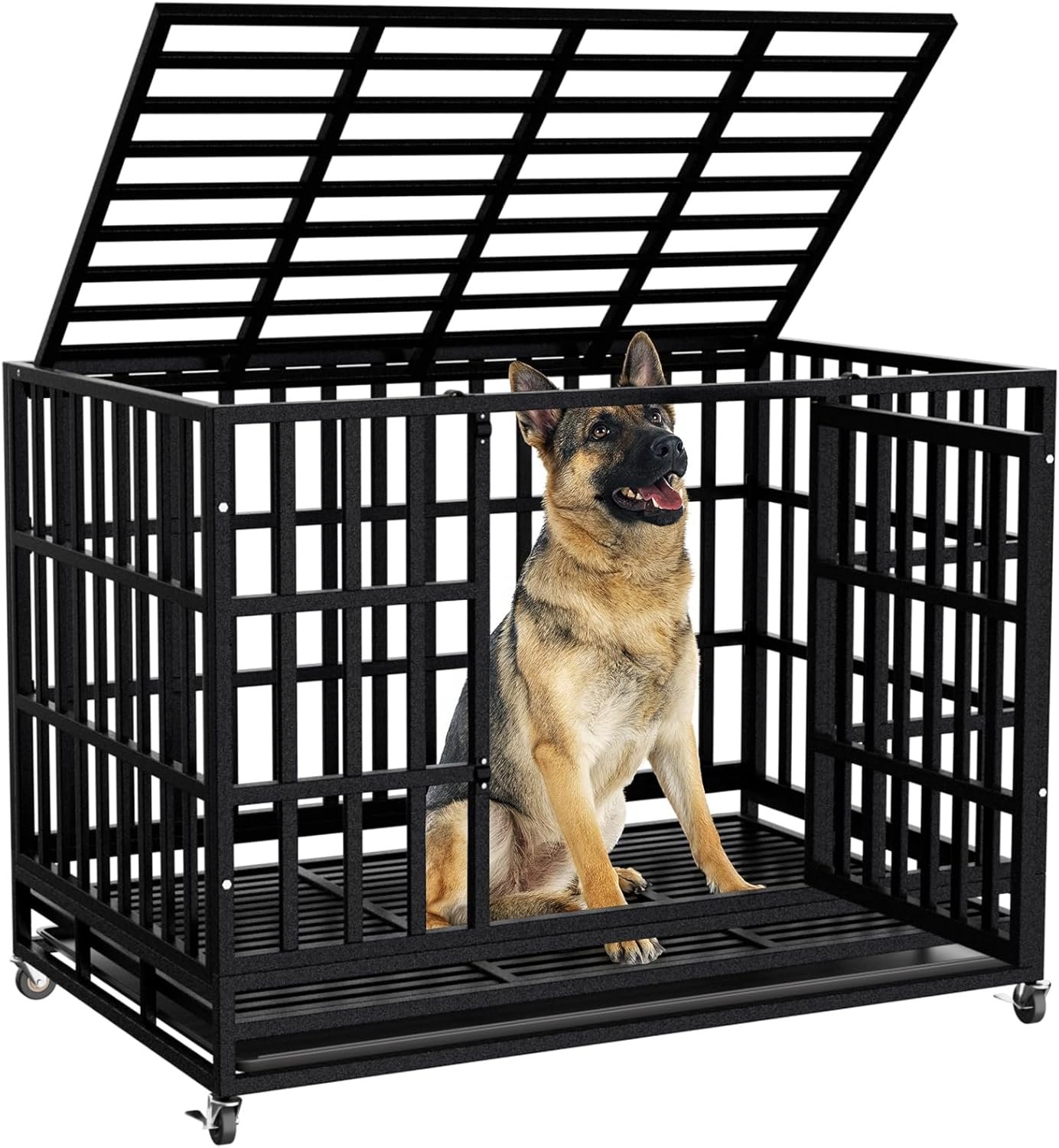 71JpVxi9jSL._AC_SL1500_.jpg 48 Inch Heavy Duty Dog Crate Kennel with Wheels, High Anxiety Indestructible Dog Crates for Large Dogs, XL XXL Extra Large Dog Crate with Removable Plastic Tray, Two Locks (Black, Square) - Image 1