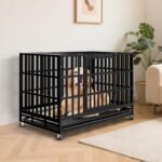 48 Inch Heavy Duty Dog Crate Kennel with Wheels, High Anxiety Indestructible Dog Crates for Large Dogs, XL XXL Extra Large Dog Crate with Removable Plastic Tray, Two Locks (Black, Square) - Image 2