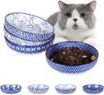 Ceramic Cat Food Bowl Set of 4, 5.6 Inch Wide Shallow Cat Bowls/Dishes for Food and Water, Vintage Blue