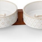 Dog Bowl Set with Walnut Wood Stand, 1.5 Cups Ceramic Pet Bowls for Puppy Dogs, Dual Food and Water Bowls with Non-Slip Base, Basic Bowls for Your Dog or Cat, Five-Leaf Grass & Honeycomb