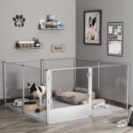 Clear Dog Playpen Fence : Indoor Pet Whelping Box Pen with Waterproof whelping pad - Small Animal Acrylic Exercise Kennel with Metal Frame for Puppy Rabbits Kitten Guinea Pig