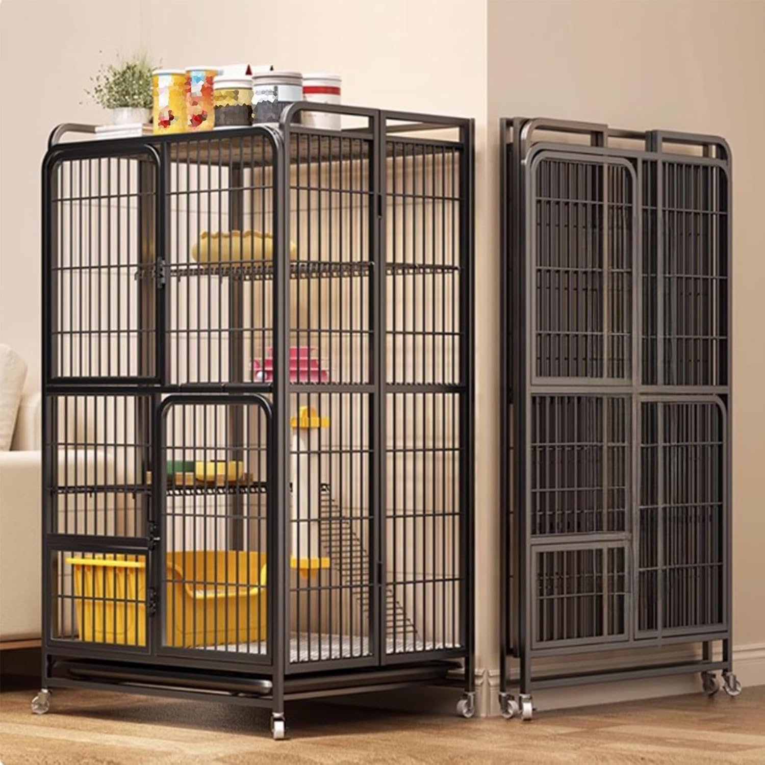 71UqTzAZCHL._AC_SL1500_.jpg Multi-Tier Collapsible Cat Cage Crate, cat playpen for Indoor with 360° Wheels, Metal Wire Cat Kennel with Secure Lock, Large Ferret Playpen for Adult Cats Kitten Chinchilla (Black 4-Tier) - Image 1