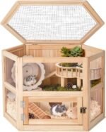 Hamster Cage with Chewproof Wood Top,Guinea Pig Cages, Two Story Hamster Habitat with Clear Acrylic Sheets Solid Built, Small Animal Cage (Fir, 31X20X20 inch)