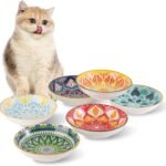 Ceramic Cat Bowls Set of 6 - Colorful/White Cute Shallow Cat Dishes - 5.75-Inch, Whisker Friendly and Wide - Microwave & Dishwasher Safe - 8.5 oz (250 ml) （Colorful 2 ）