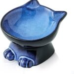Slanted Elevated Cat Bowls: 5 Inch Ceramic Raised Cat Food Bowl for Protecting Pet's Spine - Microwave & Dishwasher Safe -Elegant Blue & Black (4.5 OZ /1 PC)