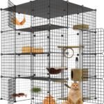 Large Cat Cage, Enclosures Indoor with Balcony, DIY Playpen Detachable Metal Wire Kennels Crate 3x3x4 Large Exercise Place Ideal for 1-3 Cats