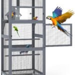 68" H Large Wood Bird Cage on Wheels, Outdoor Bird Aviary Indoor Wooden Large Bird Cage Parakeet Cage with Pull Out Tray and Feeder,Ideal for Small Birds,Finches,Parrots, Gray