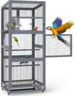 68" H Large Wood Bird Cage on Wheels, Outdoor Bird Aviary Indoor Wooden Large Bird Cage Parakeet Cage with Pull Out Tray and Feeder,Ideal for Small Birds,Finches,Parrots, Gray