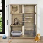 Wooden Cat House with Scratching Posts, Luxury Large Cat Condo with Lockable Wheels, Indoor Kitten Cage with Escape Door, GC11 - Image 2