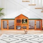 82” Extra Large Fashion Wooden Outdoor Rabbit Hutch Bunny Cage Indoor Easy to Assemble and Durable with Cleaning Tray & Waterproof Roof for Small & Medium Bunny Rabbit Duck Chick (Orange)