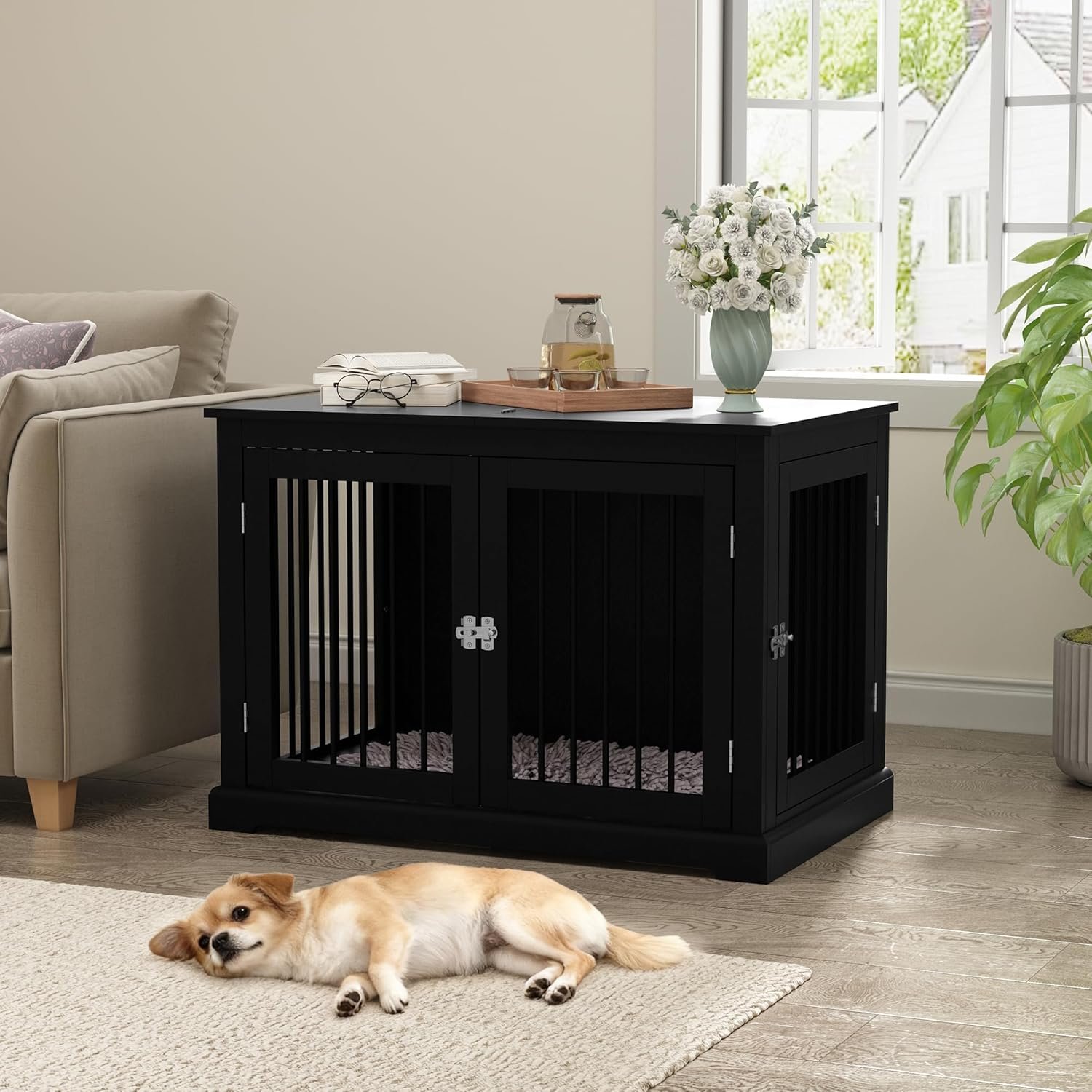 81QlxZXZ0WL._AC_SL1500_.jpg Furniture Style Dog Crate with Cushion, Dog Kennel Medium, Pet Crates, Dog Cage for Small and Medium Dogs, Decorative Dog Kennel with Flip-top Plate, Chew-Proof Metal Bars, Black - Image 1