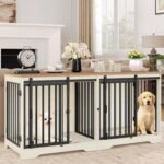 54" Dog Crate Furniture for 2 Dogs, Double Dog Cage with Divider, Wooden Heavy Duty Dogs Kennel, Pet Cage with Barn Door, TV Stand for Large Small Medium Pet, White Brown DFC88314B