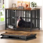 Dog Crate Furniture Foldable, No Assembly Decorative Dog Kennel Indoor, Dog Crates for Large Dogs(35-60 lb), Wooden Dog Cage with Adjustable Bowls and Name Tag, End Table, Rustic Brown