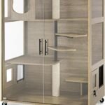 Wooden Cat House with Scratching Posts, Luxury Large Cat Condo with Lockable Wheels, Indoor Kitten Cage with Escape Door, GC11