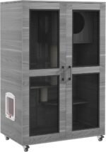 Luxury Cat House with Wheels, Kitty Cage Catio Villa for Indoor Cats with Scratching Posts, Condo, Flap Door, Cushion, Gray, 31.5" x 20" x 48.5"